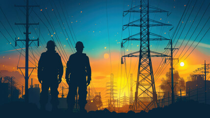 Two silhouetted workers stand among power lines during a vibrant sunset, highlighting the importance of their work in energy distribution.