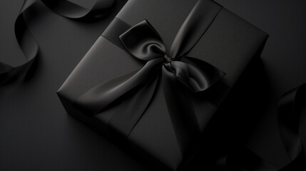 Sticker - Elegant black gift box with a satin ribbon on a dark background.