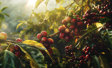 Poster - Ripe coffee cherries on branches with green leaves in a lush plantation setting.