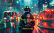 © Curioso.Photography - A firefighter in full gear stands in a city street with fire trucks and lights in the background.