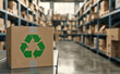 © Curioso.Photography - Cardboard box with recycling symbol in a warehouse full of shelves.