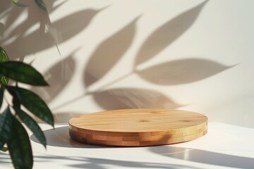 Raw photo of empty wooden circle product stand with leaves shadow