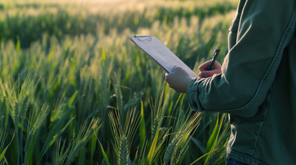 Wall Mural - Person taking notes on a clipboard in a green wheat field.