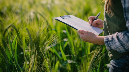 Person taking notes on a clipboard in a green wheat field.