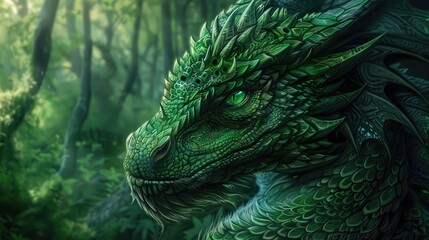 a digital painting of a dragon with green eyes and dark green hair in the forest