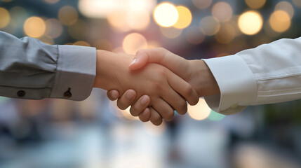 Two people shaking hands in a professional agreement.