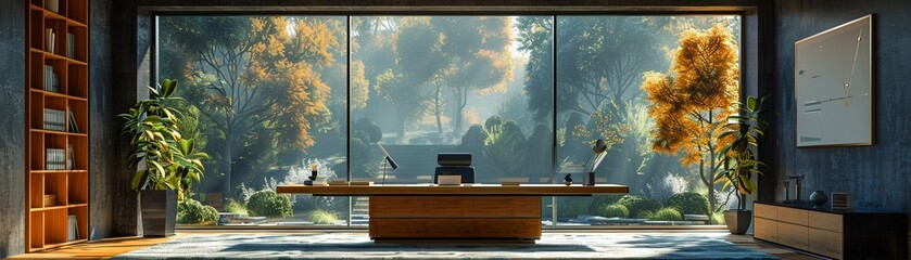 Contemporary office with a clean desk ergonomic chair and large window modern design natural light digital art