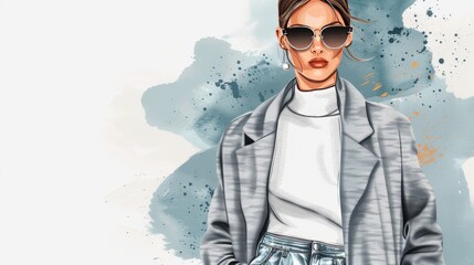 Wall Mural - Trendsetting fashion illustration of a model in a casual yet chic pose, wearing contemporary urban attire with a mix of textures and accessories