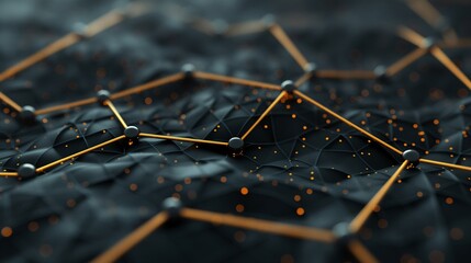 Wall Mural - golden network connections: a dark, intricate network illuminated by glowing lines, symbolizing data