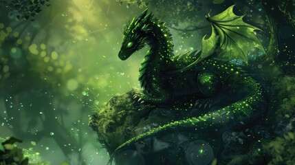 a digital painting of a dragon with green eyes and dark green hair in the forest