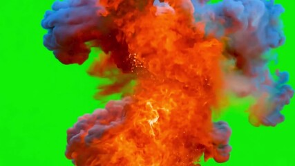 Fire Explosion Overlay- Static shot of a realistic fire explosion with green screen background. The flames burst and spread, creating a dramatic and intense effect