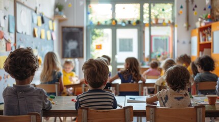 Elementary school children learning art skills with plastic watercolors in the classroom