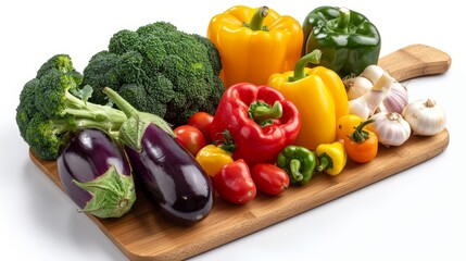 Rustic cutting board with an assortment of fresh vegetables like eggplants, peppers, and broccoli, isolated on a plain background