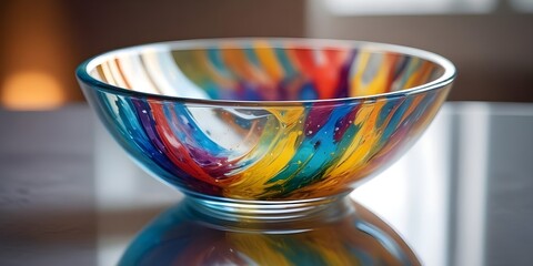 Colorful abstract glass bowl with reflections and blurred backgrounds generative ai