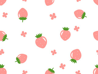 Poster - Seamless pattern of pink strawberry with green leaves on white background vector. Cute fruit print.