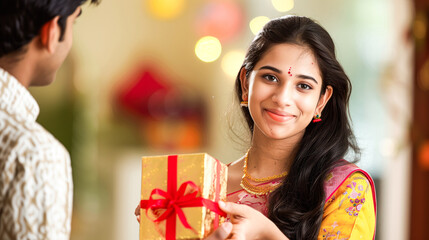 Indian woman presenting a gift to her brother after tying Rakhi