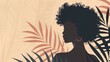 © Art Resources - Chinese minimalism illustration, silhouette portrait of a woman with curly hair, flat illustration Chinese figure illustration on soft sand background, palm leaves
