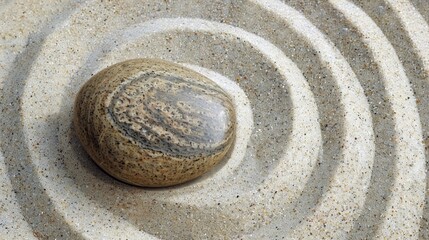 A smooth, round pebble resting at the center of a spiral drawn in the sand