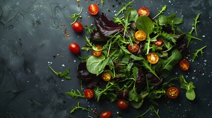 Wall Mural - Flat lay of a simple salad with mixed greens and cherry tomatoes, highly detailed and clear