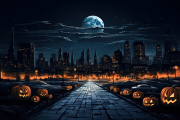 Wall Mural - halloween background of several Jack-o'-lanterns on a modern cityscape