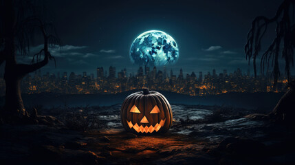 Wall Mural - halloween background of several Jack-o'-lanterns on a modern cityscape