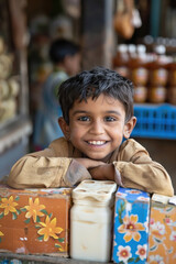 Wall Mural - indian boy playing with a cardboard box