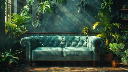 Wall Mural - Green sofa in botanical living room - generative ai