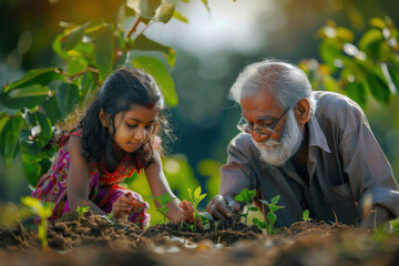 indian grandfather and granddaughter seeding plant