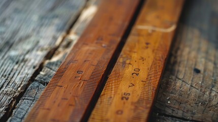 A close-up view of a wooden folding measuring stick with centimeter markings shows detailed craftsmanship.