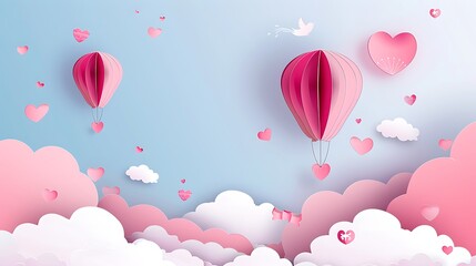 Wall Mural - Pink Heart-Shaped Hot Air Balloons Floating in a Papercut Sky