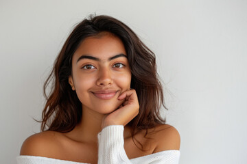 Wall Mural - young indian woman smiling on white background