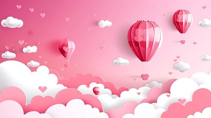 Wall Mural - Pink Hot Air Balloons with Hearts and Clouds