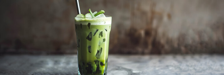 Iced matcha latte with frothy milk