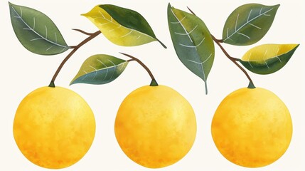 Wall Mural - Experience the vibrant hues of yuzu fruits in this exquisite handpainted watercolor illustration, perfect for any art lover.