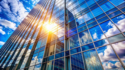 Tinted glass windows of a modern skyscraper reflecting blue sky and clouds, with subtle reflections of city buildings, during a sunny day.