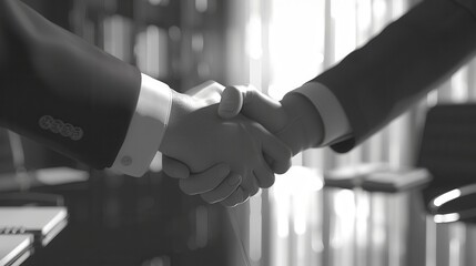 black and white handshake between business partners in a sleek modern office sealing a deal