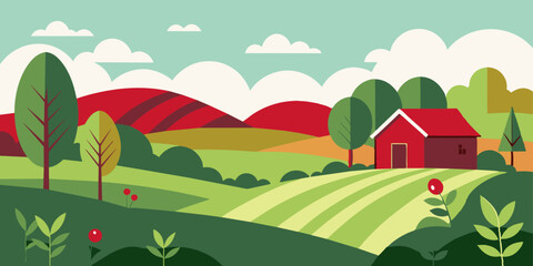 Wall Mural - Landscape Illustration Art: Seasonal Hills and Grass Field with Farm Background