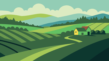 Wall Mural - Landscape Illustration Art: Seasonal Hills and Grass Field with Farm Background