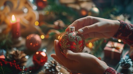 Wall Mural - Person holding a Christmas ornament surrounded by festive decorations, pine cones, and wrapped gifts. Holiday season, Christmas celebration, festive decor, holiday traditions, cozy atmosphere concept.