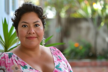 Wall Mural - Voluptuous chubby hispanic housewife posing at her home backyard