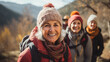 © halo - active seniors, group of retired women hiking, closeup smiling female portrait with white hair, photography.