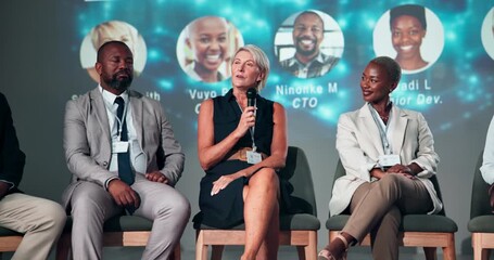 Wall Mural - presentation, conference and speaker with business people on a stage for discussion, startup and tal