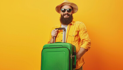 A man, content and smiling broadly, carries a green suitcase while sporting a beard