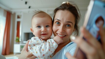 A woman holds her child in her arms while taking a selfie with a smartphone.