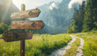 © PRASANNAPIX - Wooden signpost with three arrows pointing in different directions on a blurred background of a green meadow and mountain road.