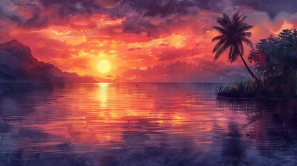 Wall Mural - Vibrant sunset over ocean with silhouetted palm tree - generative ai