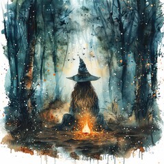 A witch casting a spell in an enchanted forest, sorcery scene, watercolor drawing, isolated on white background