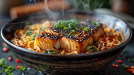 Wall Mural - Steaming bowl of spicy ramen with grilled salmon - generative ai