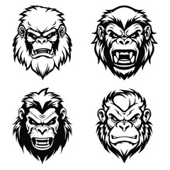 Wall Mural - Gorilla Head Mascot Logo Line Art Vector Illustration Set