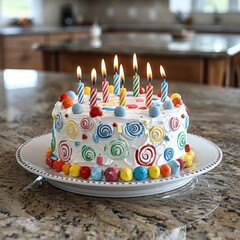 Poster - A colorful birthday cake with candles. AI.